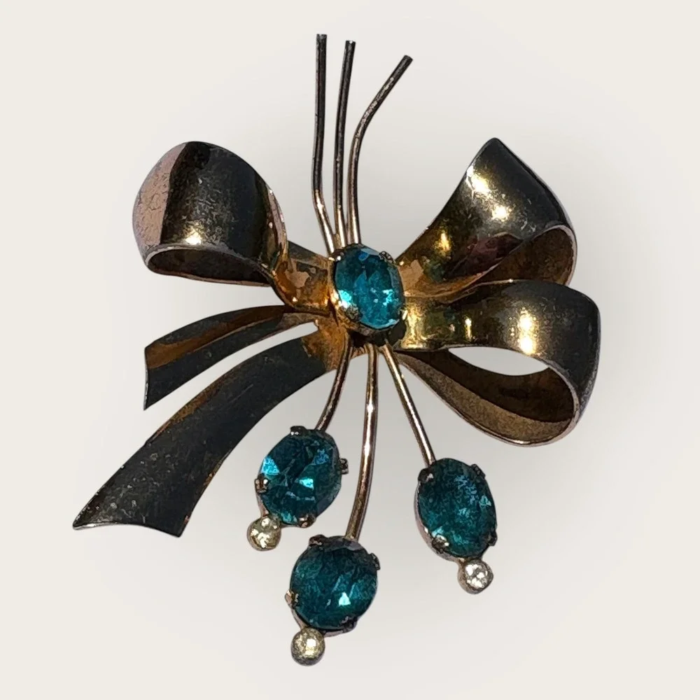 Vintage Coro Sterling Gold Vermeil Bow Brooch Pin Teal Blue Green Rhinestones